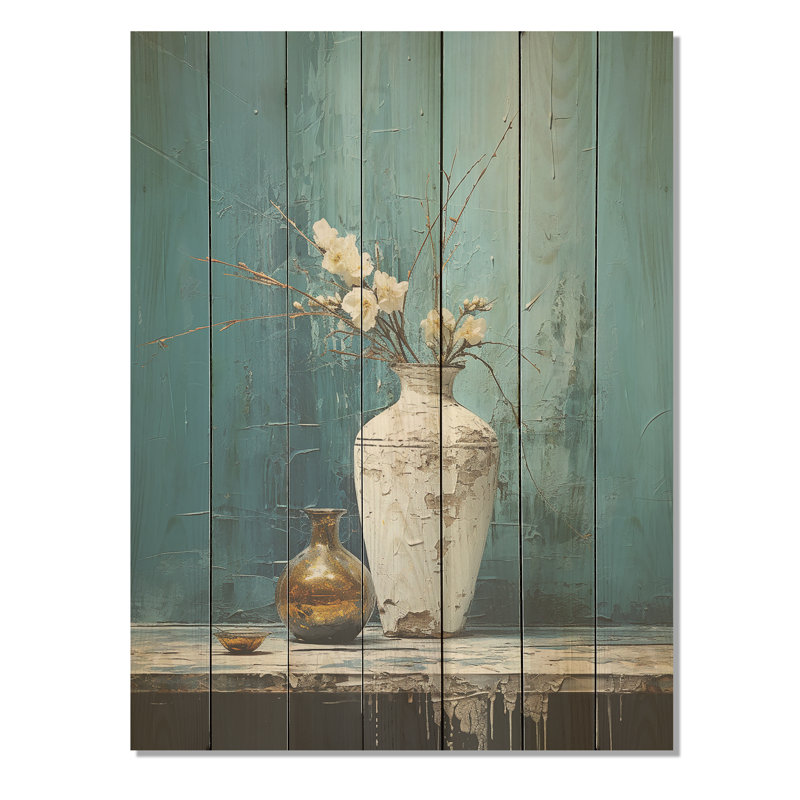 Vase de poterie bleu et blanc Boho Pottery I - impression sur bois, H 40 po x l 30 po