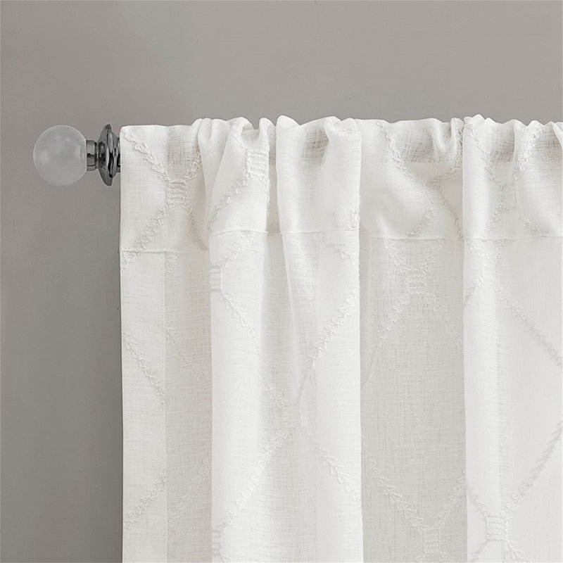 Diamond Embroidered Sheer Window Curtain Panel For Elegant Light Filtering And Layered Styling., White, 50" W  x 84" L