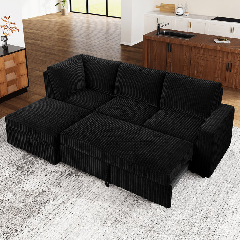 Brunella Upholstered Corduroy Sectional Sofa Bed Black, 35" H x 87" W x 59.8" D, Black Corduroy