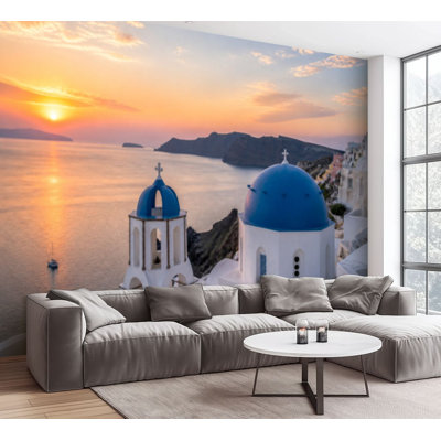 Wall Mural Peel and Stick Church sunset coastal mountain sea sky beach building island Greece Large Wallpaper Self-Adhesive Removable Contact Paper Wall Decor for Living Room Bedroom Nursery 100"H x 144"W