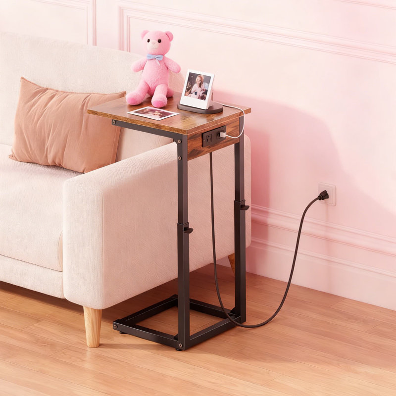 C-Shaped End Table With Charging Station, Adjustable Height Side Table For Couch, Slide Under Sofa Table With AC Outlet And USB Ports For Living Room And Bedroom