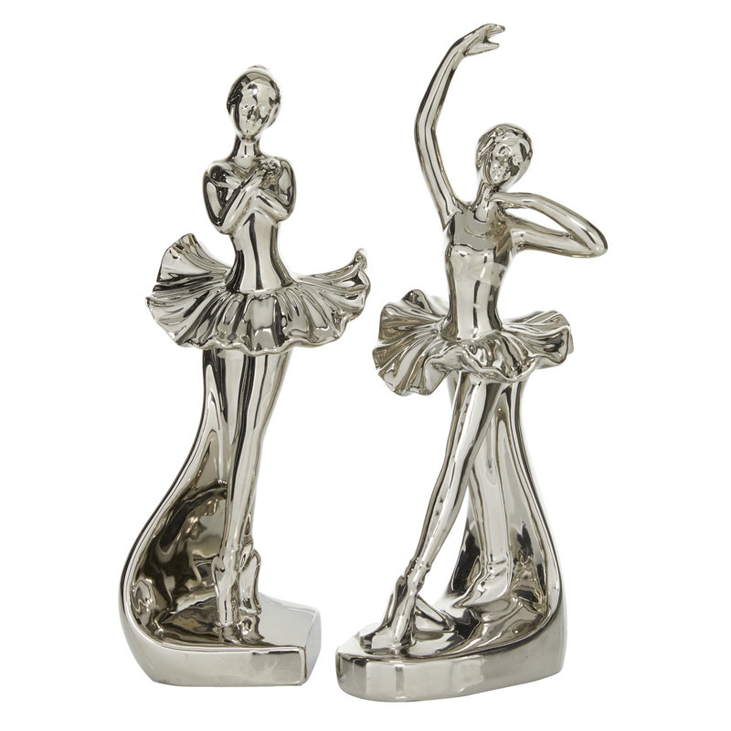 Porcelain Ceramic Dancer Decorative Silver Sculpture Set, Silver