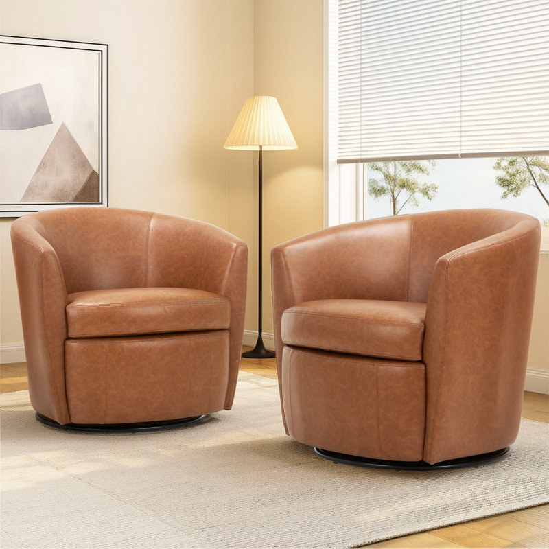 Leather Upholstered Swivel Barrel Chair—No Assembly Required, Brown Faux Leather