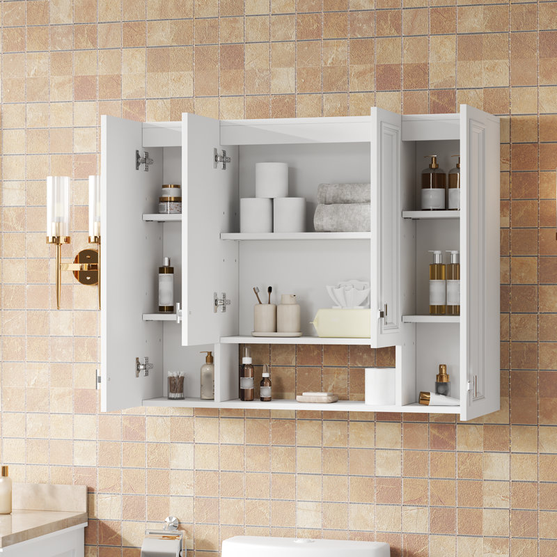  Armoire à pharmacie murale avec 5 tablettes réglables, rangement miroir moderne avec tablette ouverte, blanc