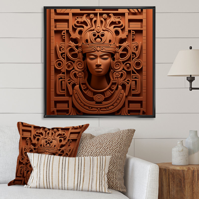 Maya Magic Aztec Mask II - Art mural mexicain, H 16 po x l 16 po x P 1 po, Cadre flottant noir