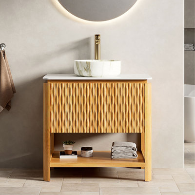 SHARMA 30" Bathroom Vanity&Sink, Freestanding Plywood Storage Cabinet with 2 Bamboo Texture Doors&Open Shelf, Round Stone Vessel Ceramic Basin&Carrara Sintered Stone Top