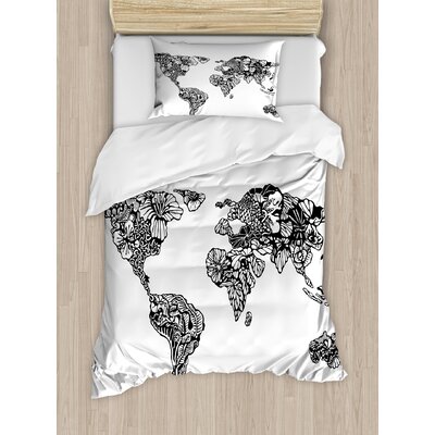 Modern Artistic Sketch Style World Map with Floral Charm Purity on Earth Themed Print Duvet Cover Set -  Ambesonne, nev_28831_twin