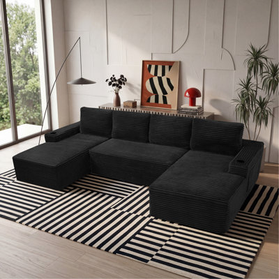 Compressible U-Shaped Sectional Sofa Set,Minimalist Style Modular Sectional Sofa, Corduroy Fabric Cloud Couch for Living Room