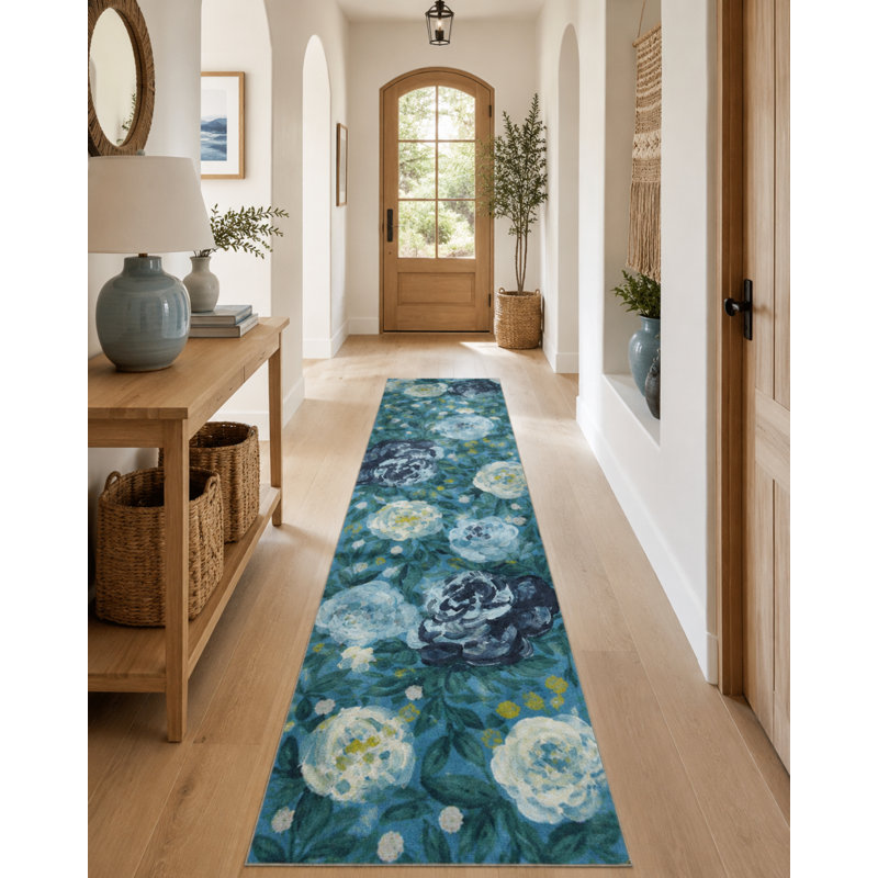 Tapis décoratif lavable à motif Blue Rose, Tapis de couloir 2 pi 6 po x 10 pi