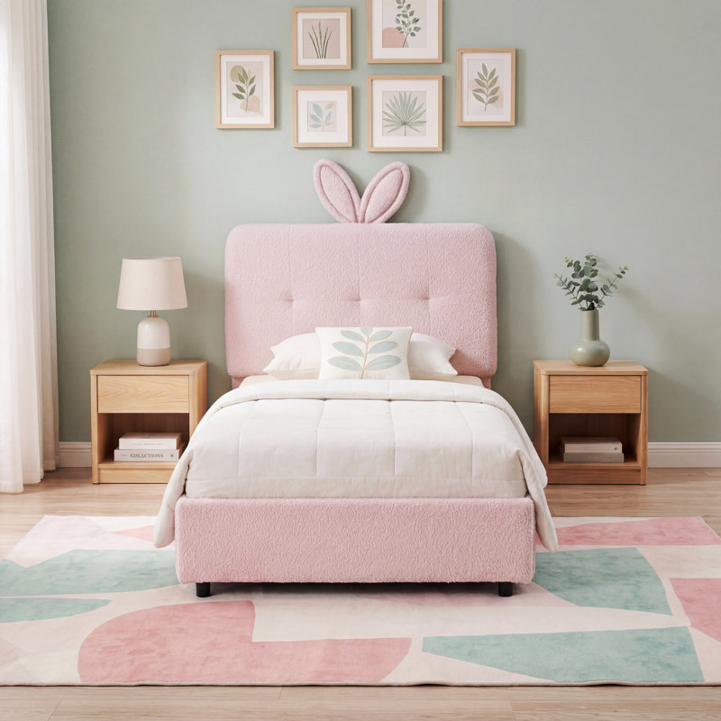 Lit plateforme tapissier avec tête de lit à oreilles de lapin, lumière DEL (18 couleurs), 4 tiroirs de rangement et tissu Boucle, cadre de lit moderne avec support à lattes, aucun sommier nécessaire