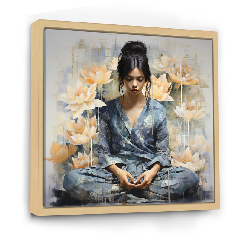 Lotus Calm Reflections Woman In Lotus Pose III - Art mural méditation, Cadre flottant brun, H 30 po x l 30 po x P 1,5 po