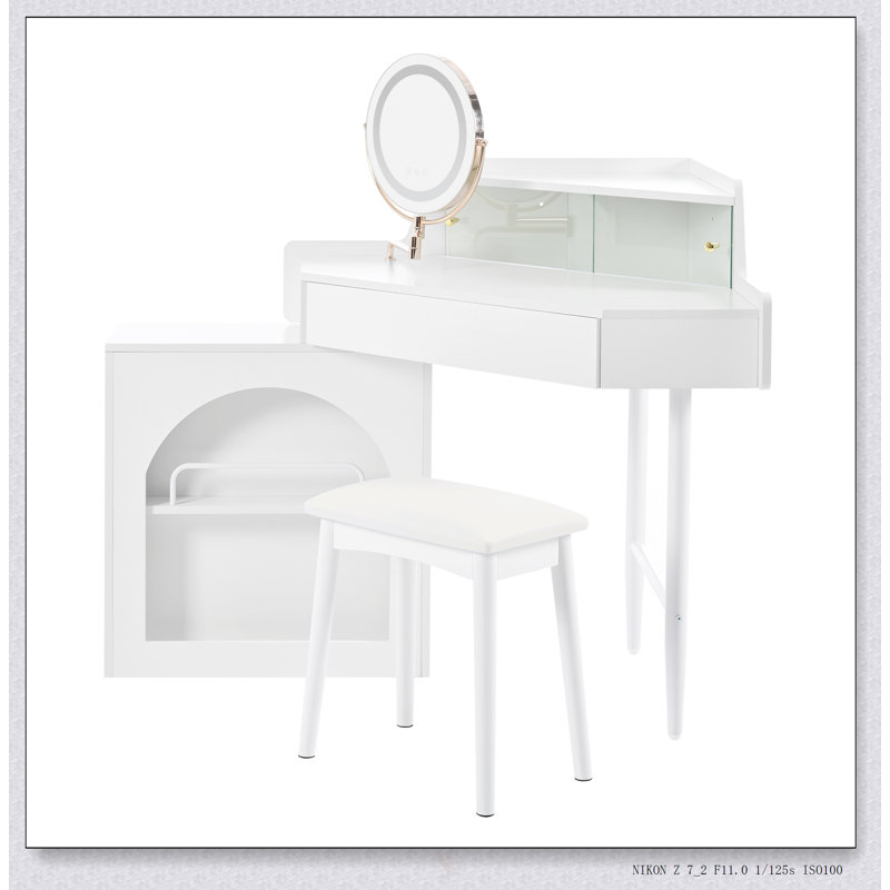 Bureau de coiffeuse de coin avec miroir et lumières DEL, ensemble de coiffeuse moderne avec tabouret, grand espace de rangement pour les petits espaces, miroir pliant réglable en luminosité