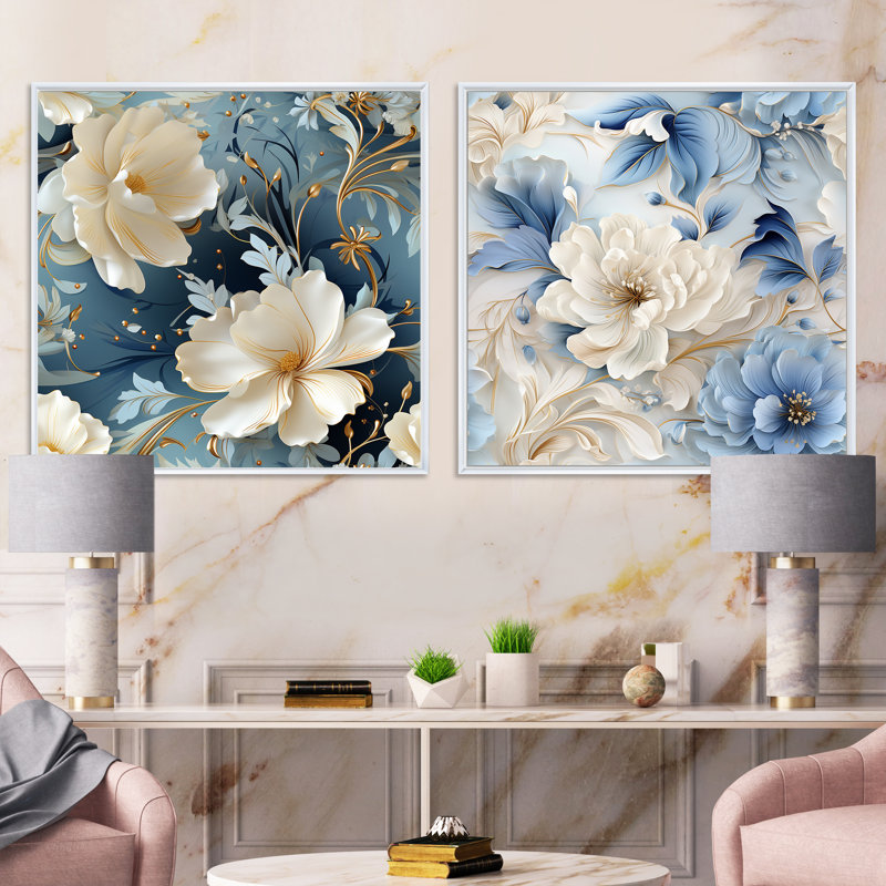 Halle - Ensemble de 2 collages carrés floraux, Cadre flottant blanc, H 36 po x l 73 po
