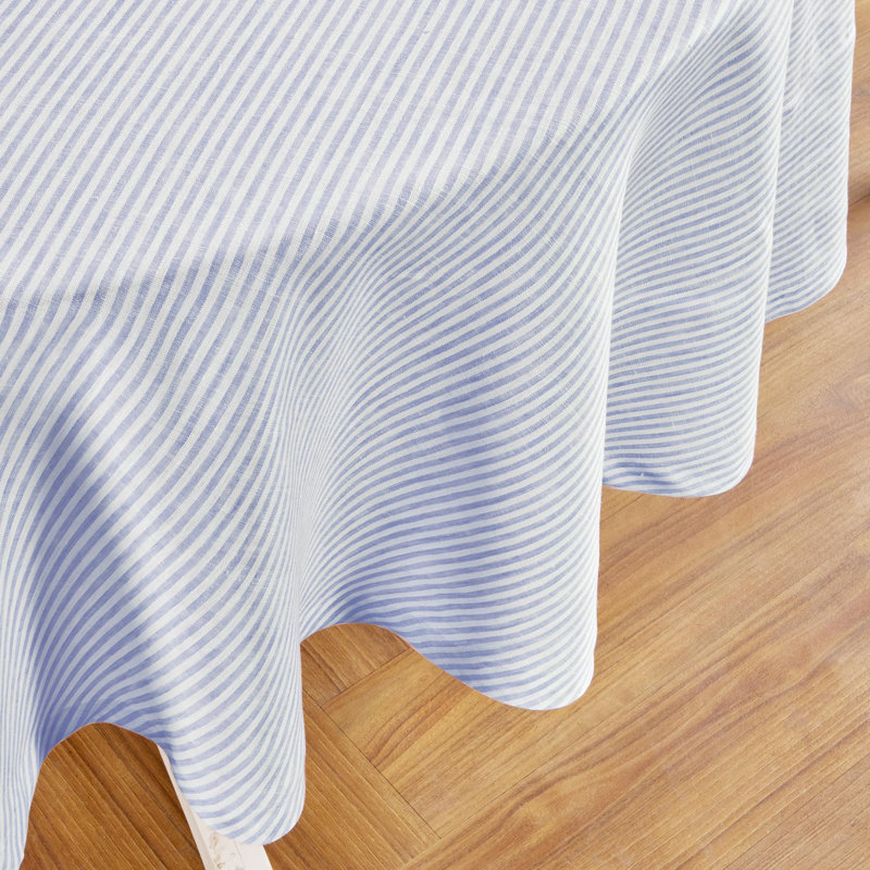 Narrow Stripe - 100% Pure Linen Tablecloth, 70" Round, Cornflower Blue/White