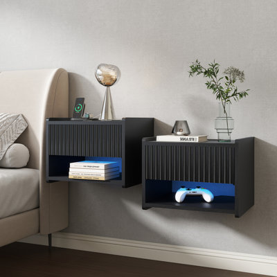 Ensemble de 2 tables de chevet flottantes avec station de charge, table de chevet noire pour chambre à coucher, P 15,9 po x l 12,4 po x H 11,8 po