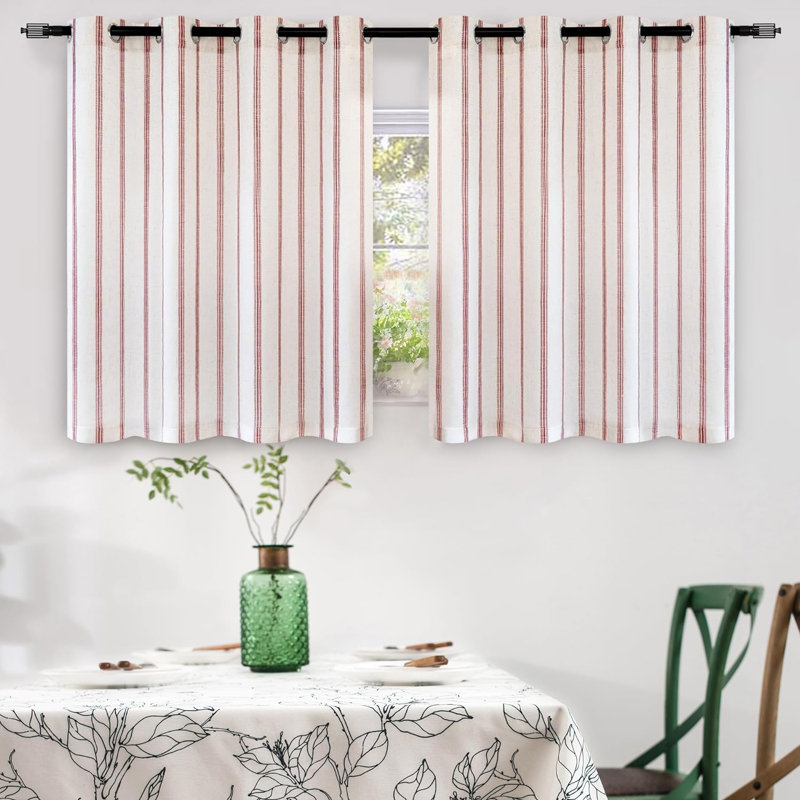 Blackout Curtain Pair, Red Stripe/Light Linen, 52" W x 36" L