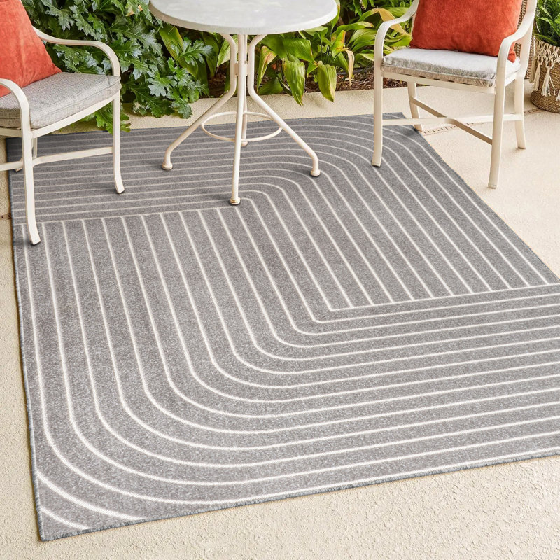 Odense High-Low Minimalist Angle Geometric Gray/Ivory Indoor/Outdoor Rug, Rectangle 3'11" x 6'