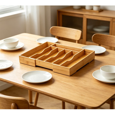 2-Piece Bamboo Silverware Organizer Expandable Kitchen Drawer Cutlery Tray Natural
