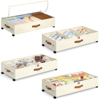 Under Bed Storage with Wheels, 4 Pack Under Bed Storage Containers with Adjustable Dividers & Clear Window, Rolling Underbed Organizer Bins Drawers for Clothes, Shoes, Blankets, Beige