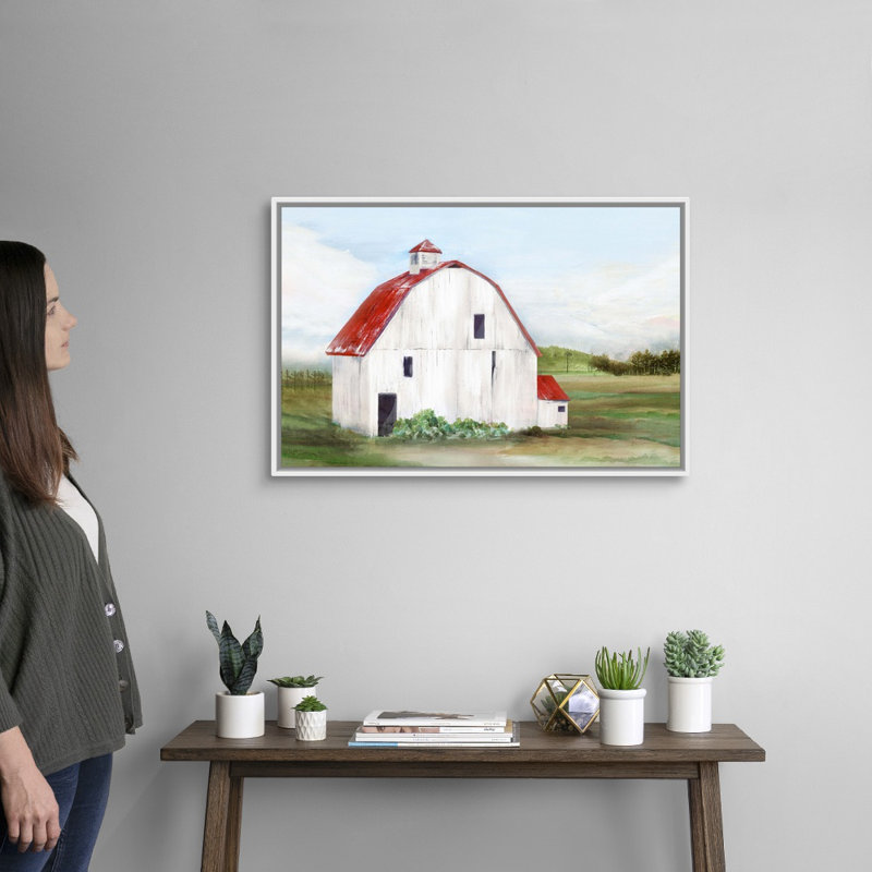 «Red Barn I» par Isabelle Z - reproduction d'art sur toile, H 22 po x l 32 po x P 1,75po, Toile encadrée flottée blanche
