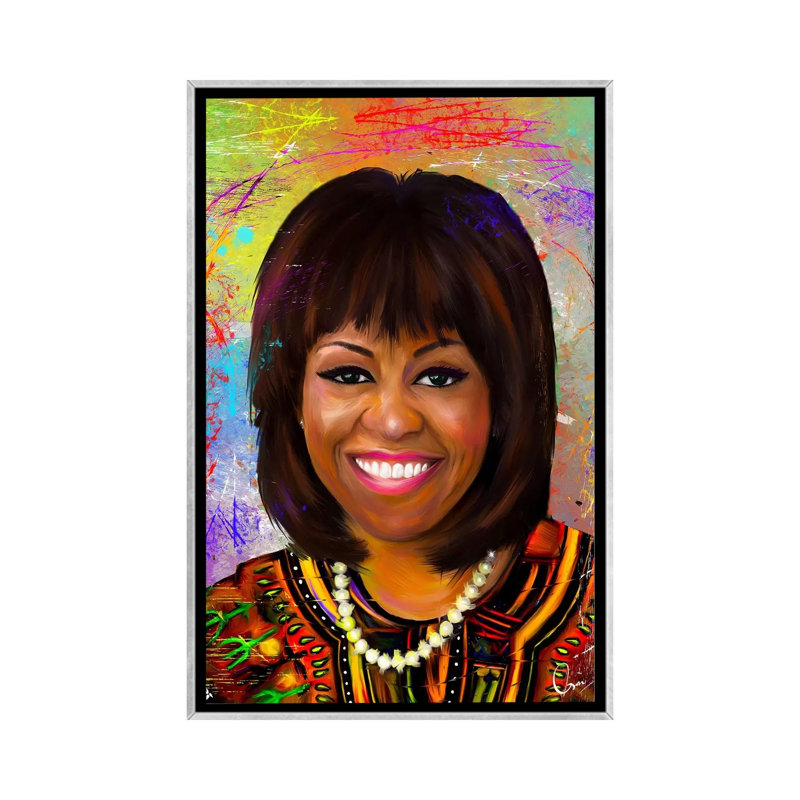 « Michelle Obama » par Crixtover Edwin, reproduction d’art, H 40 po x l 26 po x P 1,5 po, Toile avec cadre argenté