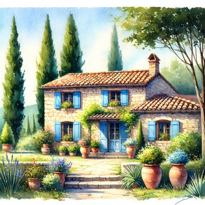 «Rustic Stone Cottage with Blue Shutters», art mural sur toile tendue