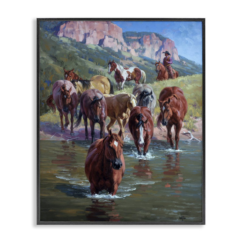 Cowboy menant des chevaux dans la rivière, estampe numérique, conception par Jack Sorenson, H 20 po x l 16 po