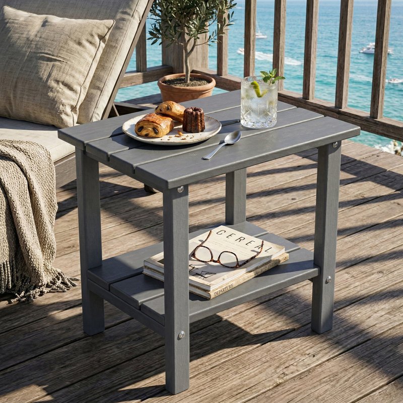 2-Tier Adirondack Outdoor Side Table, All-Weather HDPE Patio End Table, Gray