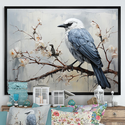 «Misty Blueray Bird on Branch», reproduction d'art sur toile