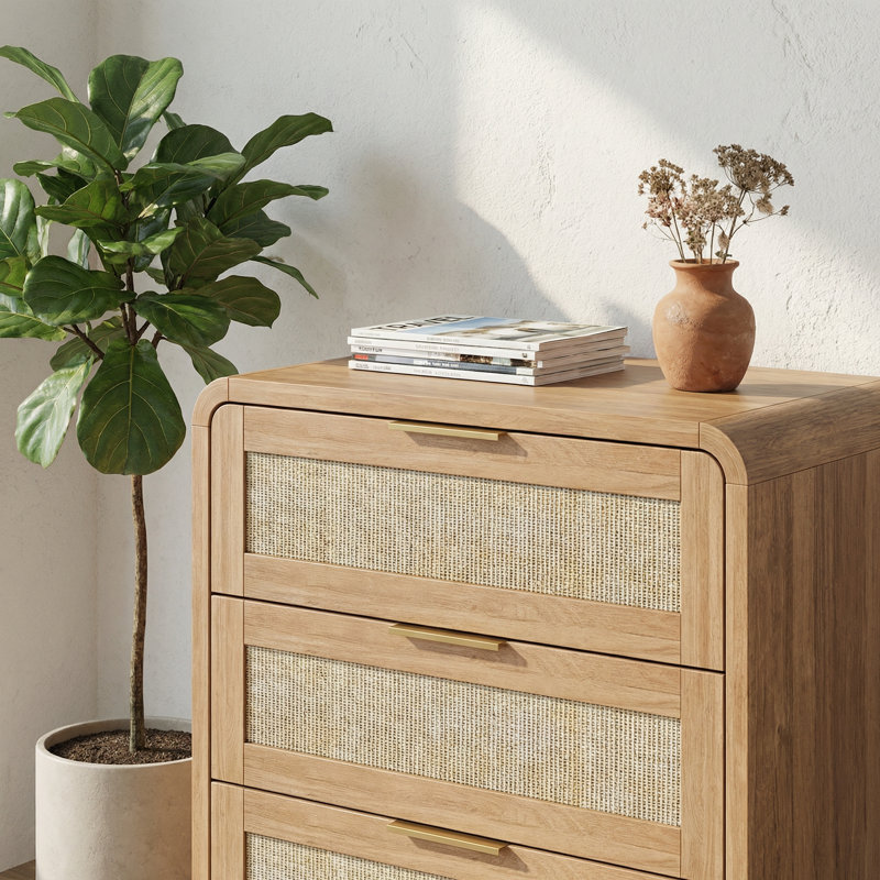 Rattan Nightstand with 3 Drawers & Silent Rails, Modern Bedside Table with Curved Design and Gold Handles for Bedroom, 1