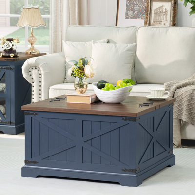 Farmhouse Coffee Table With Hidden Storage Organizer, Modern Square Large Centre Table, Wood Farm House Low Navy Blue Living Room Tables With Hinged Lift Top For Home, Office