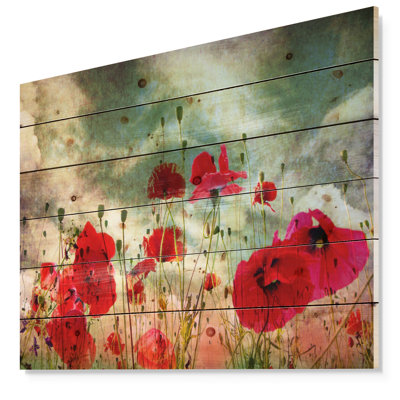 Wild Wild Poppy Flowers in Sky - Art mural floral en bois