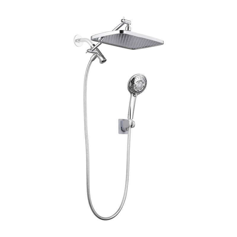 Adjustable 12" Rectangular High Pressure Dual Shower Head with 8-Spray Handheld Shower, Chrome
