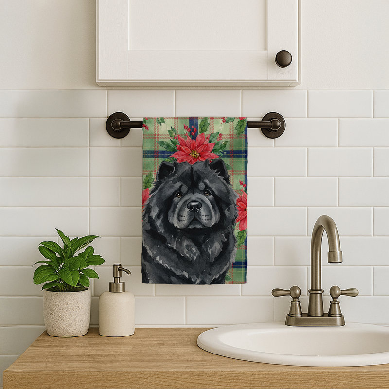 Black Chow Chow Christmas PoinsettIas Kitchen Towel, Black Chow Chow