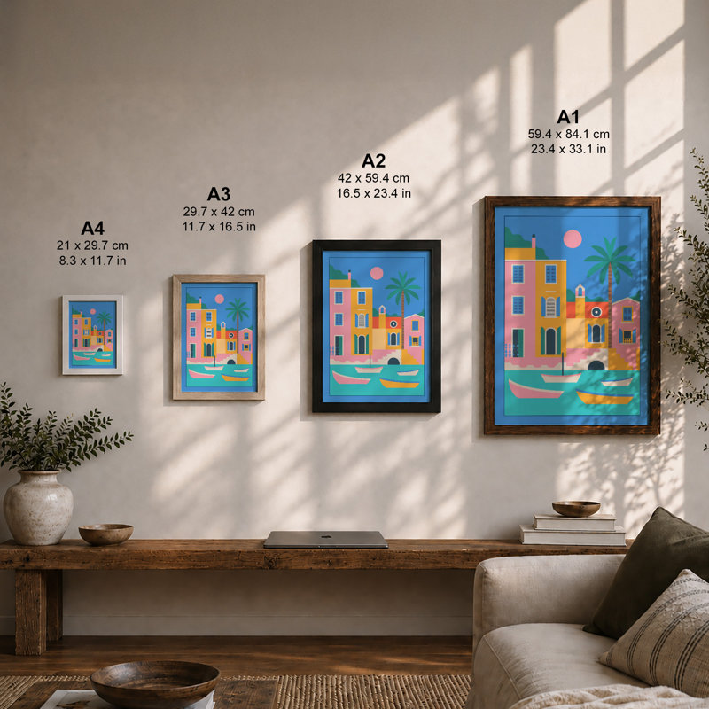Seaside Town at Dusk Coastal - Framed Print, Unframed, A2 - 59.4 x 42.0 cm