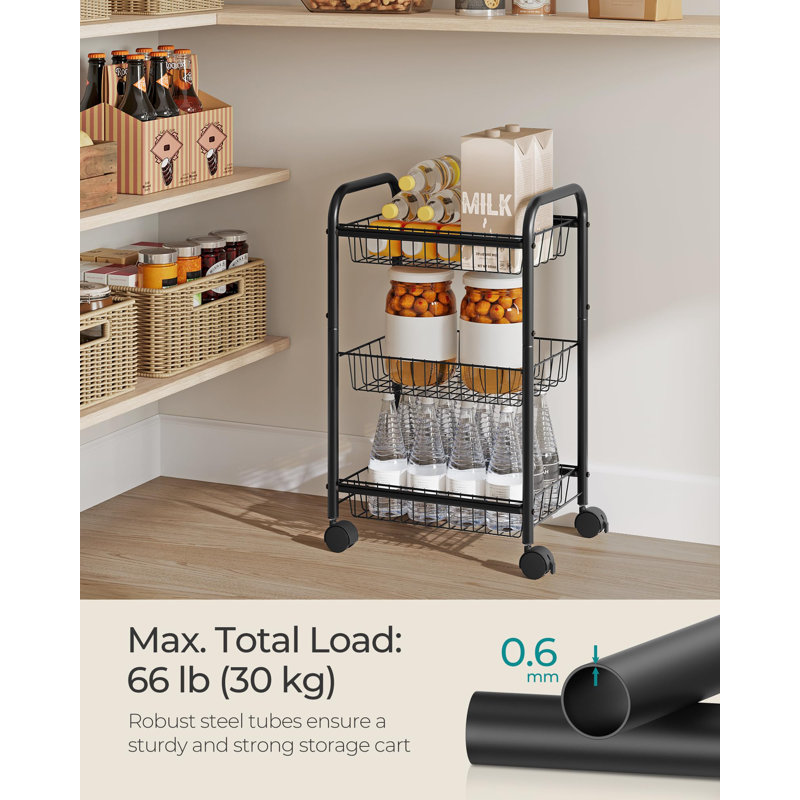3-Tier Metal Rolling Cart On Wheels With Baskets, Lockable Utility Trolley With Handles For Kitchen Bathroom Closet, Storage With Removable Shelves, Black