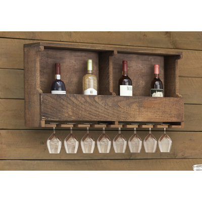 Nedra 36" Wide Rustic Industrial Solid Wood And Metal Wall Mounted Wine Rack With Storage