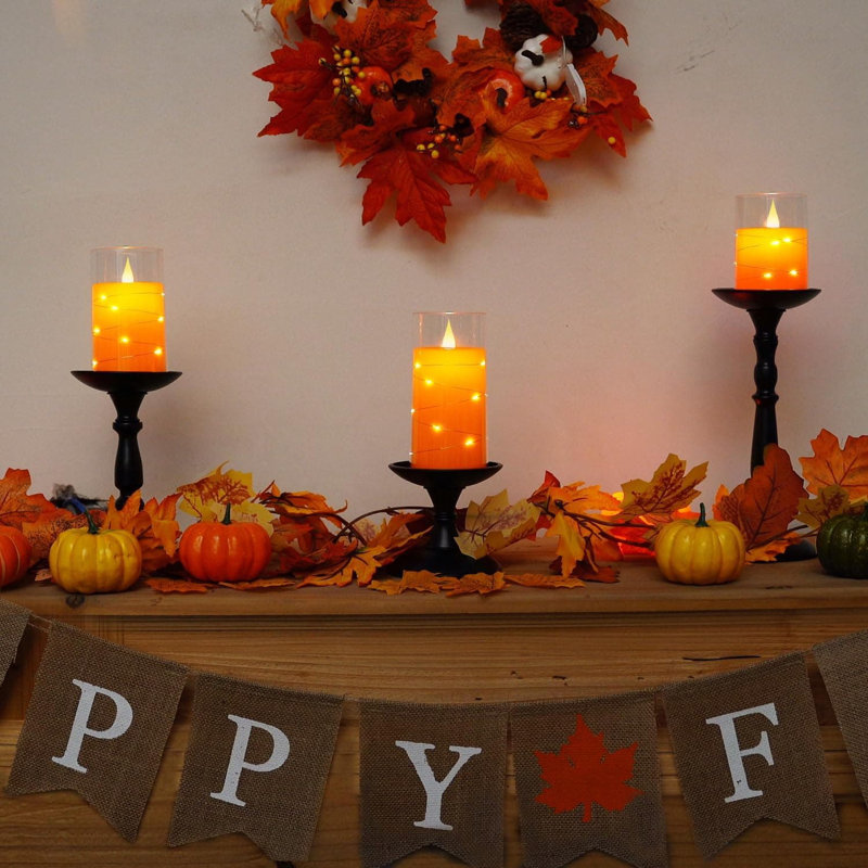 Halloween Orange Flameless Candles with String Lights - Battery-Operated LED with Remote & Timer