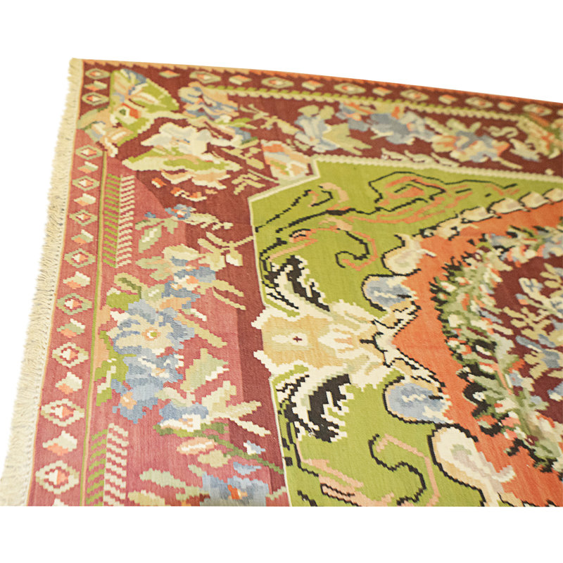 Tapis vert et multicolore de haute qualité noué à la main