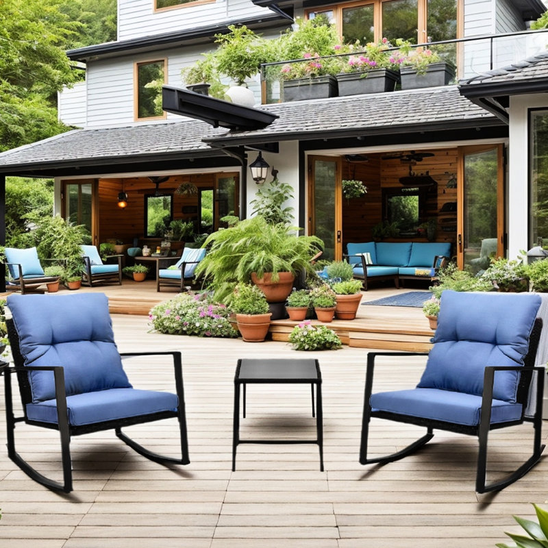 Patio Bistro With Blue Cushions - 3 Pieces Outdoor Furniture For Garden, Lawn, Terrace Chair Sponge All-Weather Materials For Pool