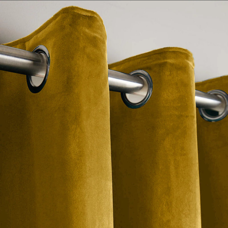 Crushed Velvet Eyelet Ready Made Thermal Drape & Curtain, Ochre, 168cm Width x 183cm Drop