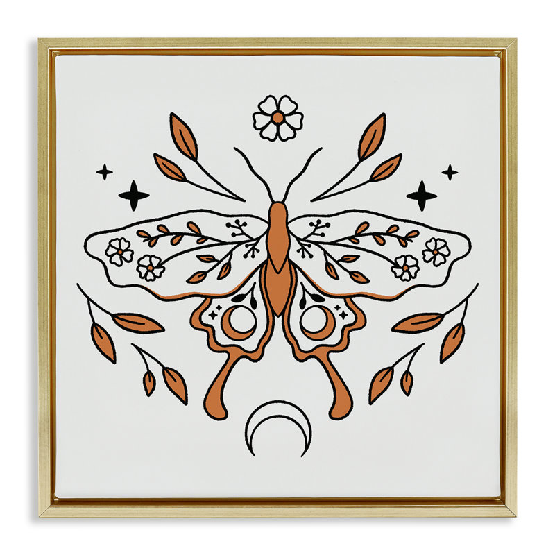 «Celestial Floral Moth Floater», art mural par Ahmad, Cadre flottant métallique doré, H 25 po x l 25 po