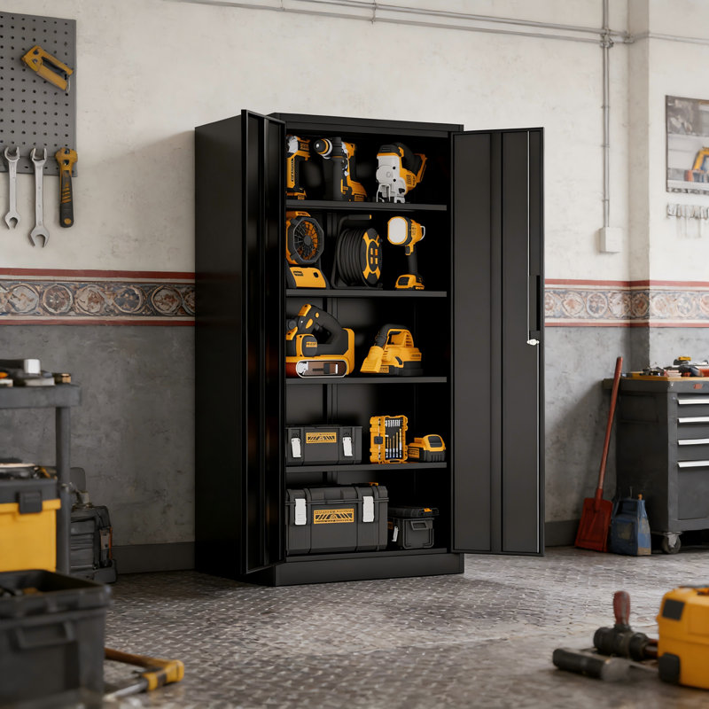 Armoire de rangement en métal 72 po H, armoire verrouillable en acier à outils noir avec portes et 4 tablettes, grands classeurs pour systèmes de rangement de garage, classeur verrouillable pour bureau personnel, salle de classe / garde-manger