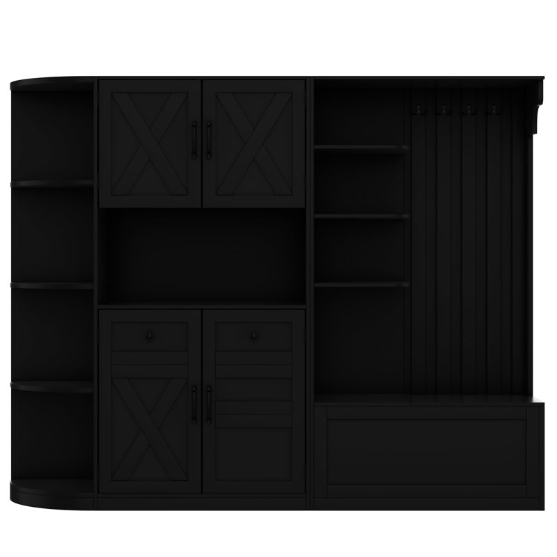 Versatile Black Hall Cabinet For Living Areas, Left And Right Units With Hanging Storage, Round Corner Protection Split Different Rooms, Ample Corners