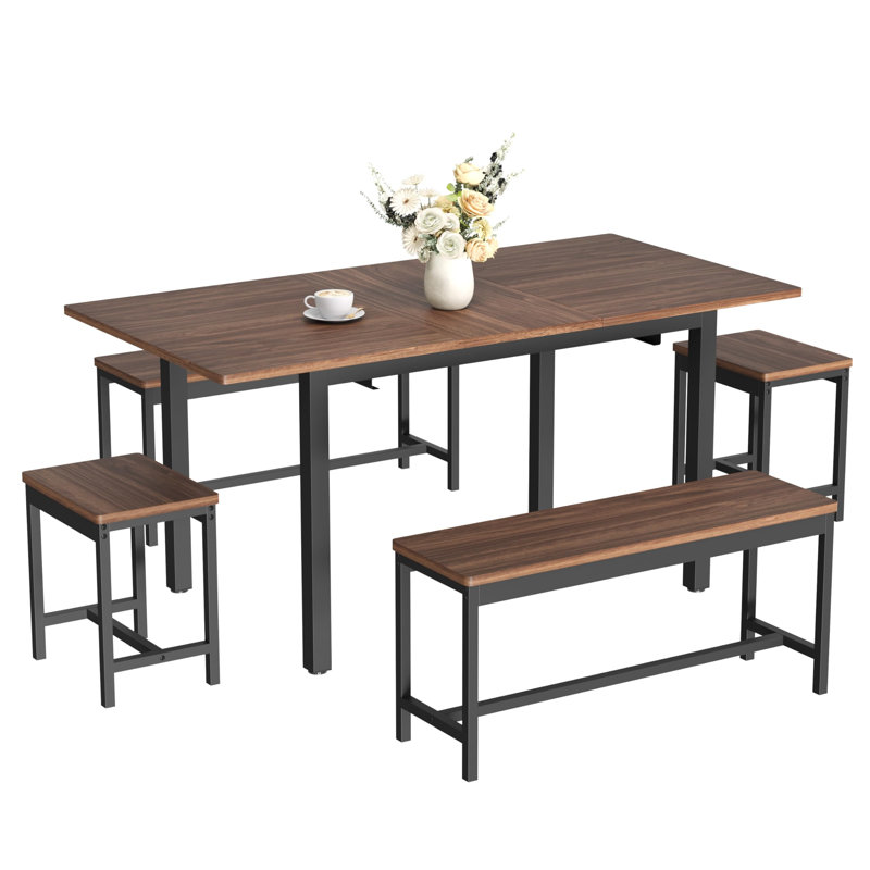5 Piece Extendable Dining Table Set for 4-8 with Benches & Stools, Space-Saving Kitchen Set, Brown/Black, Brown, Brown/Black