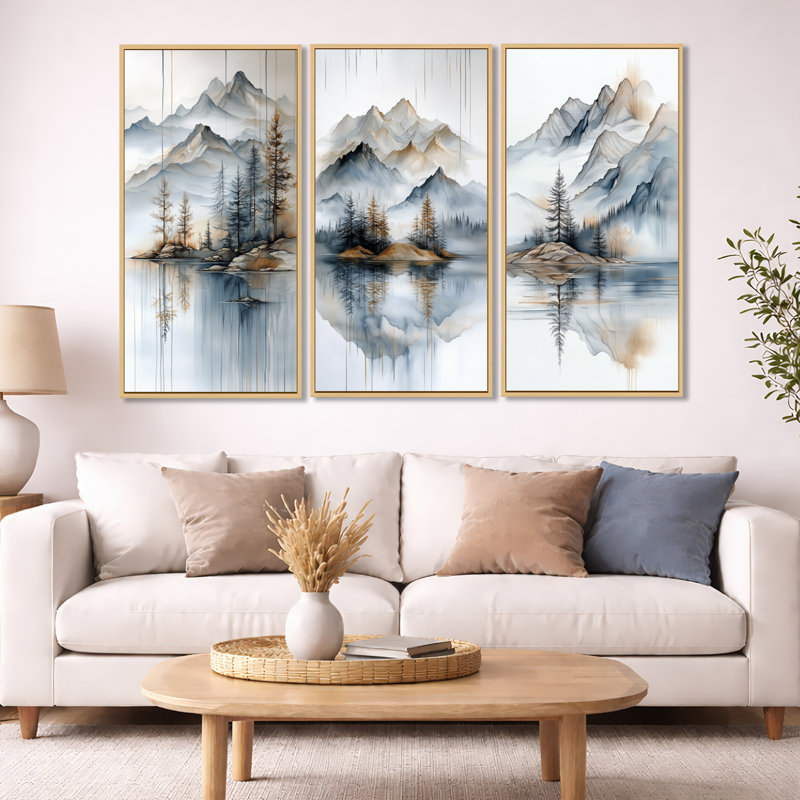 «Elegant Mountain Lake Reflection - Blue Lake», ensemble d'art mural sur toile, Natural Wood Floater Framed, 32" H x 48" W