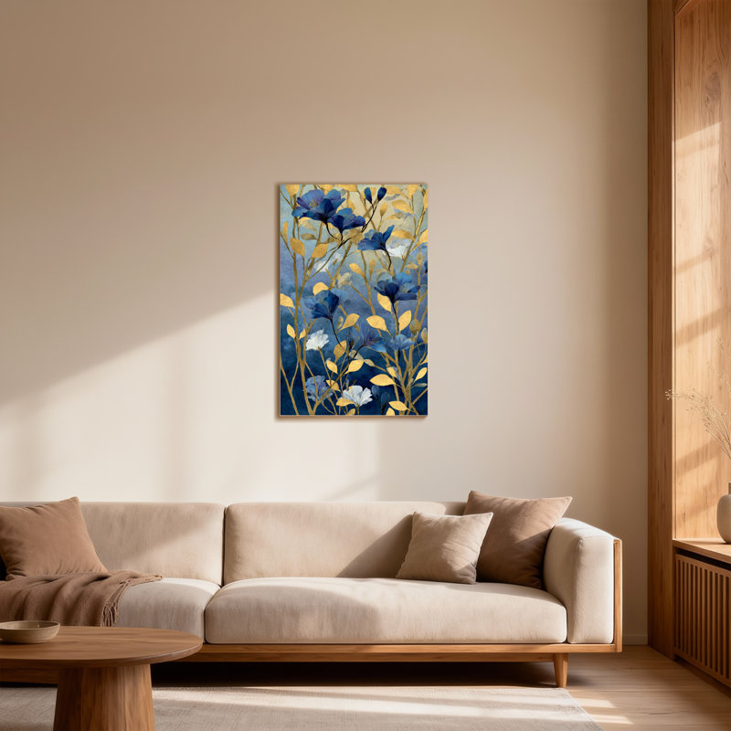 Plantes et fleurs, fleurs bleues, feuilles dorées, art abstrait, H 18 po x l 12 po