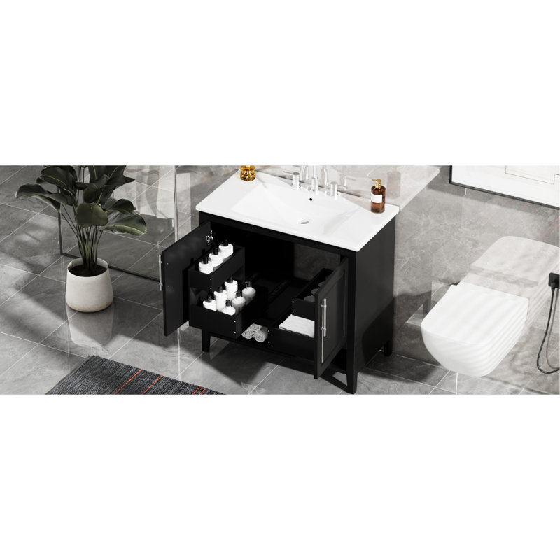 36" Bathroom Vanity With Ceramic Sink, Black Solid Wood & , Functional Storage Areas, Modern Cabinet, Assembly Required Sink - Cabinet Practical Function