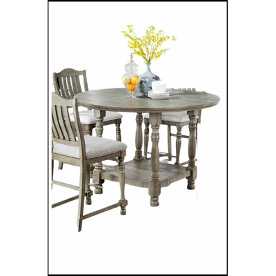 Light Grey Round Dining Table with Open Shelf, Acacia Veneer, Perfect for Modern and Compact Spaces