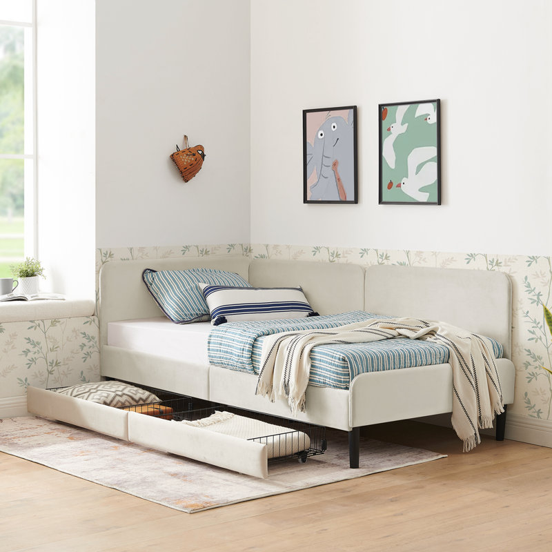 Structure de lit simple tapissier avec 2 tiroirs de rangement, Beige, Lit simple